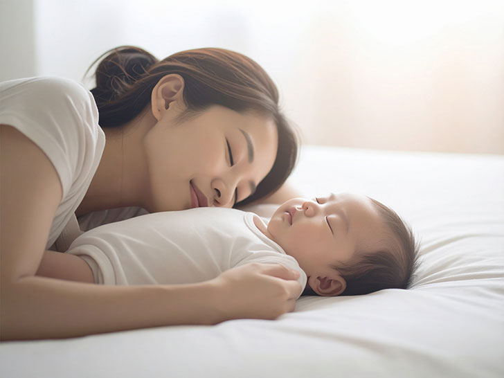 赤ちゃんと一緒に眠るお母さん