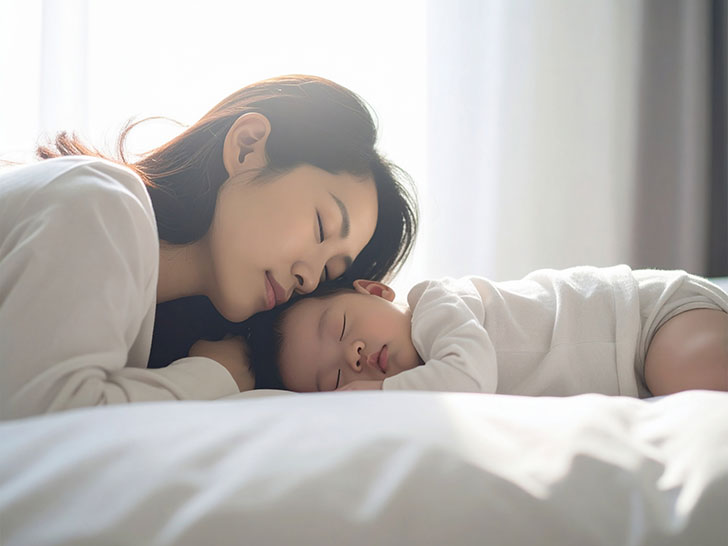 赤ちゃんと一緒に眠るお母さん