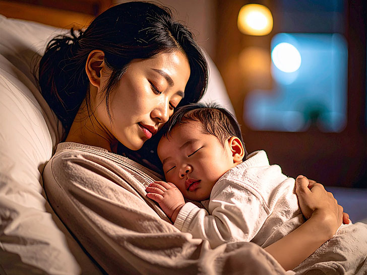 赤ちゃんと一緒に眠るお母さん
