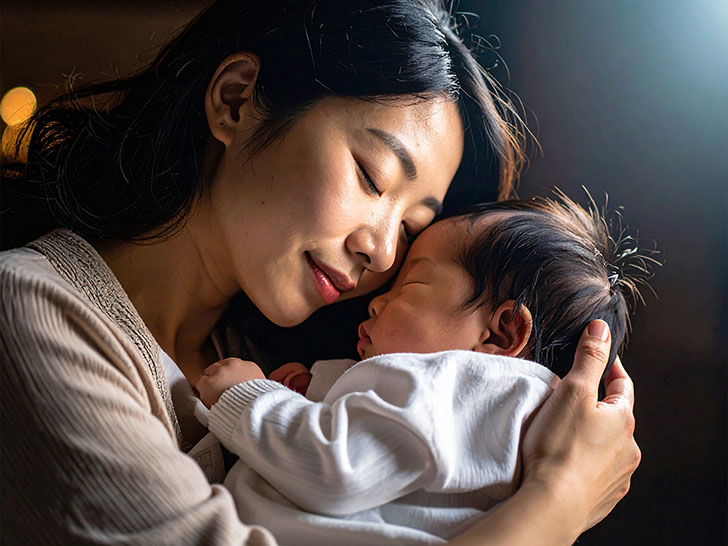 赤ちゃんと一緒に眠るお母さん
