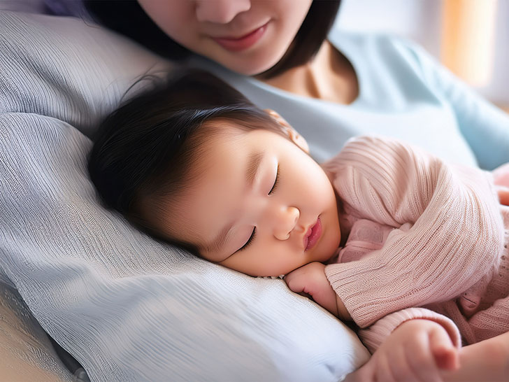 赤ちゃんと一緒に眠るお母さん