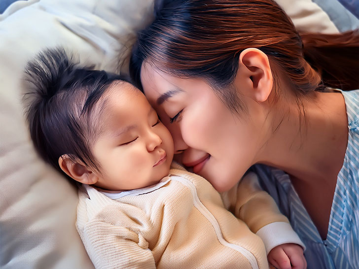 赤ちゃんと一緒に眠るお母さん