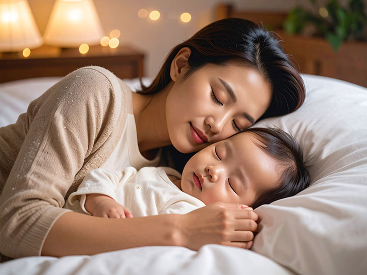 赤ちゃんと一緒に眠るお母さん