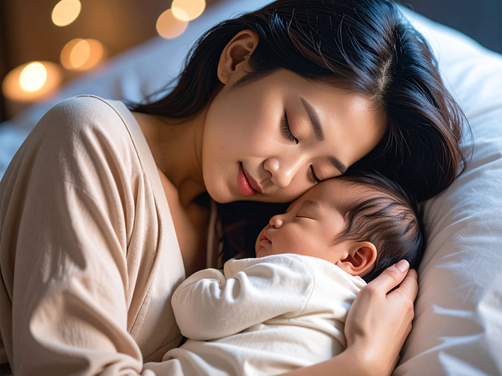 赤ちゃんと一緒に眠るお母さん