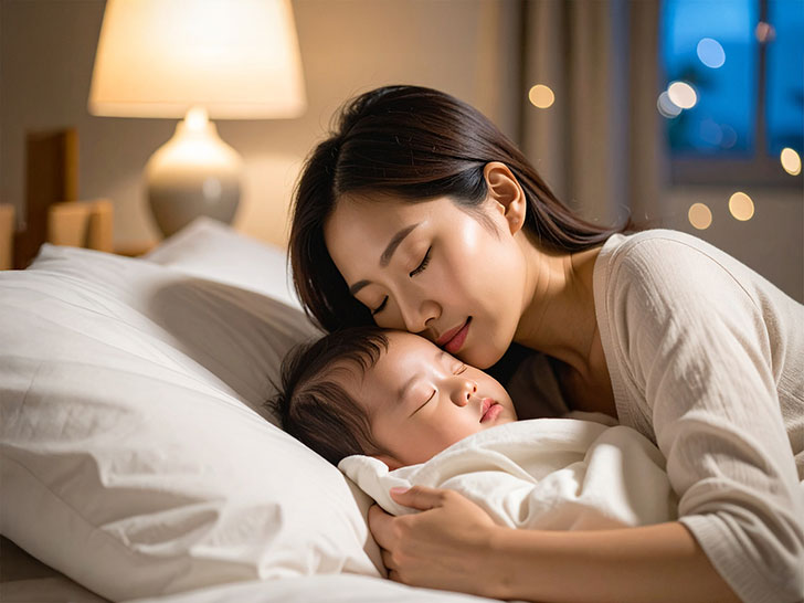 赤ちゃんと一緒に眠るお母さん
