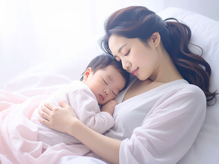 赤ちゃんと一緒に眠るお母さん
