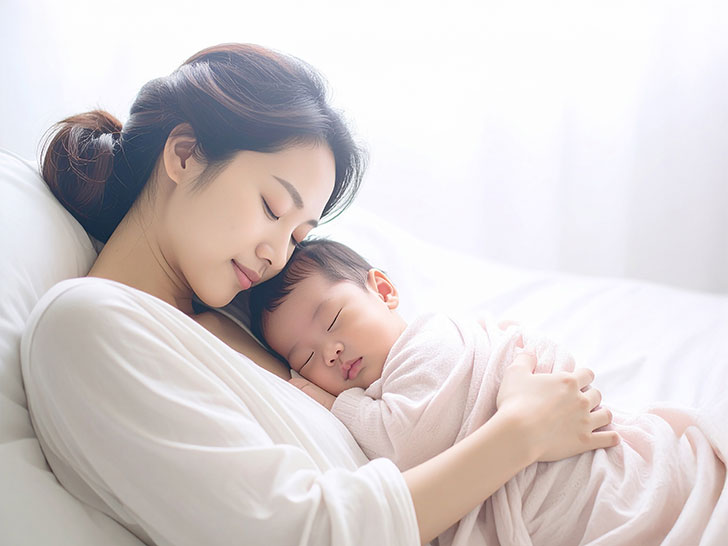 赤ちゃんと一緒に眠るお母さん