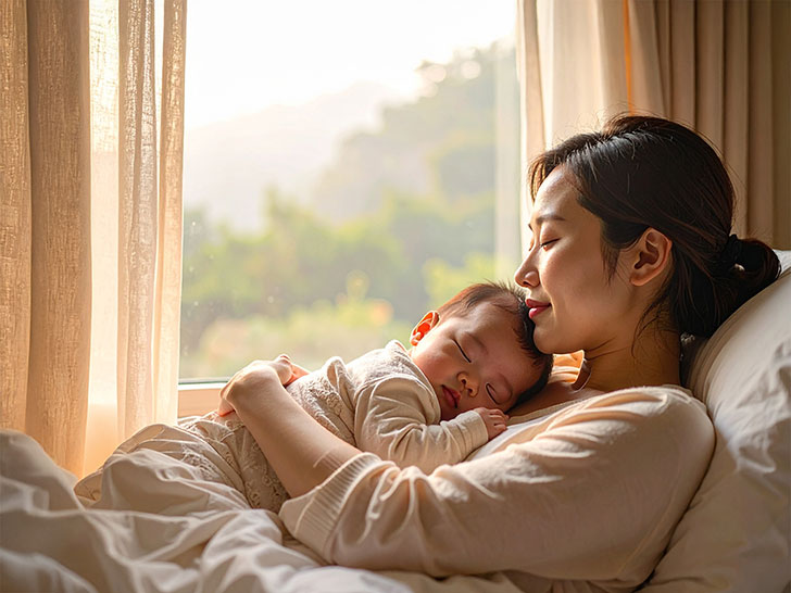 赤ちゃんと一緒に眠るお母さん