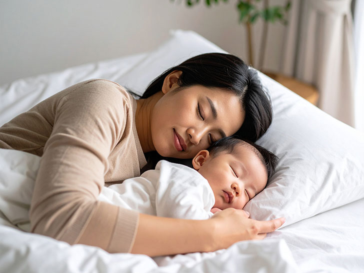 赤ちゃんと一緒に眠るお母さん