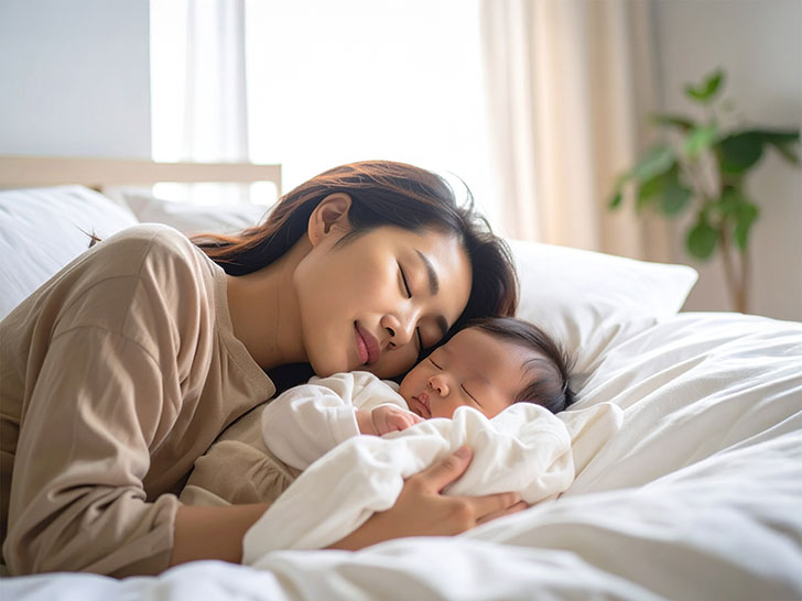 赤ちゃんと一緒に眠るお母さん