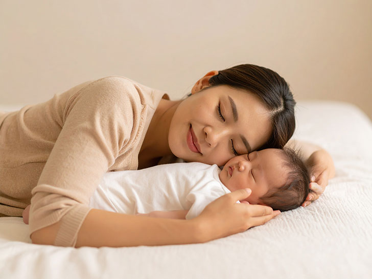 赤ちゃんと一緒に眠るお母さん