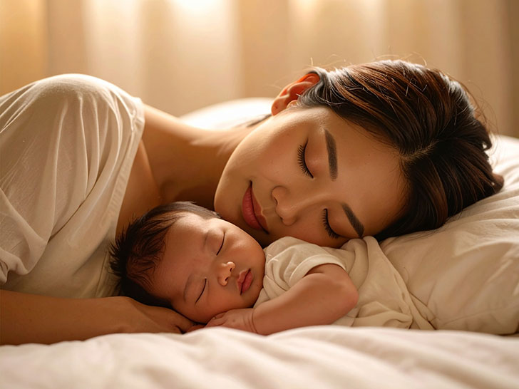 赤ちゃんと一緒に眠るお母さん