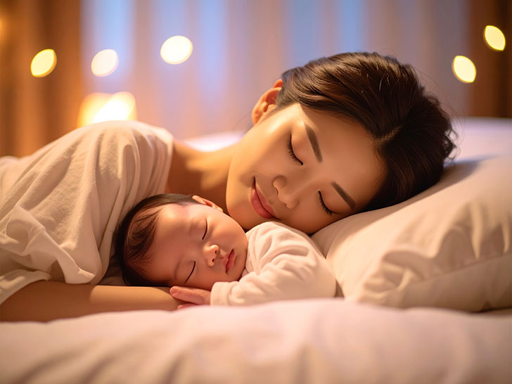 赤ちゃんと一緒に眠るお母さん