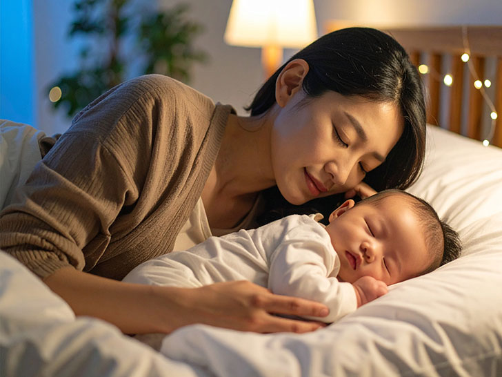 赤ちゃんと一緒に眠るお母さん