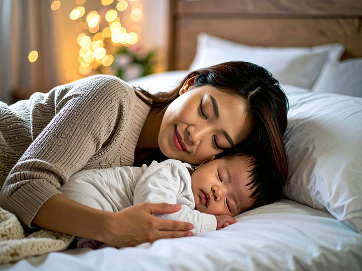 赤ちゃんと一緒に眠るお母さん