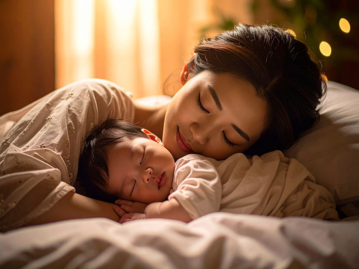 赤ちゃんと一緒に眠るお母さん