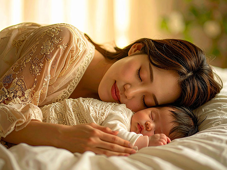 赤ちゃんと一緒に眠るお母さん