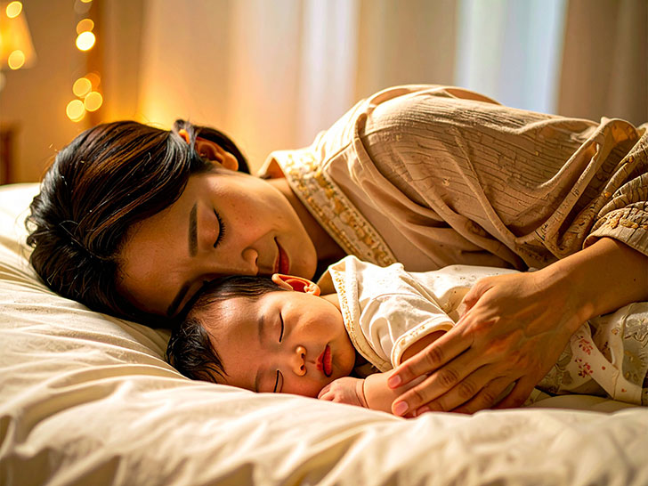 赤ちゃんと一緒に眠るお母さん