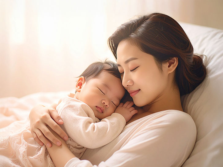 赤ちゃんと一緒に眠るお母さん