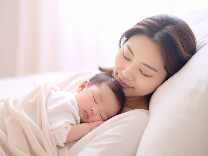 赤ちゃんと一緒に眠るお母さん