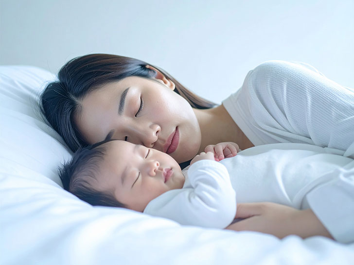 赤ちゃんと一緒に眠るお母さん