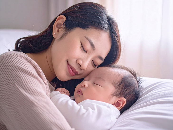 赤ちゃんと一緒に眠るお母さん