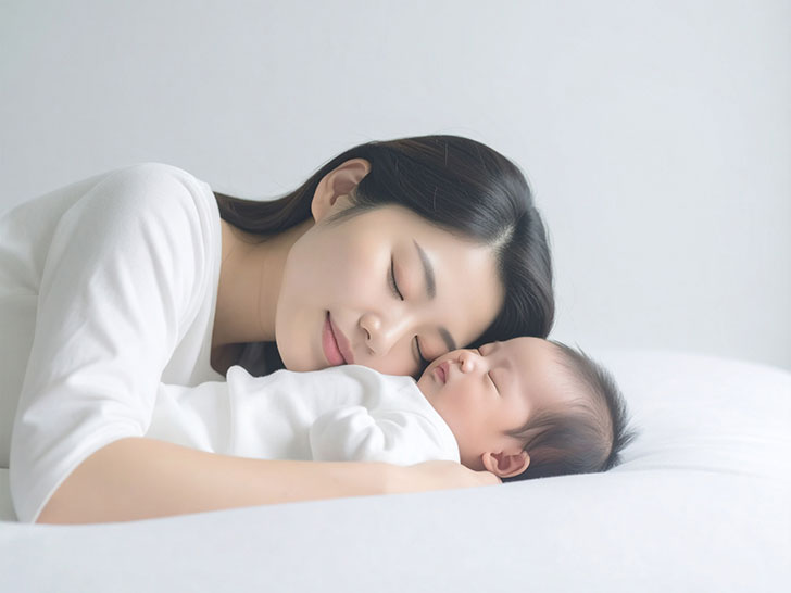 赤ちゃんと一緒に眠るお母さん