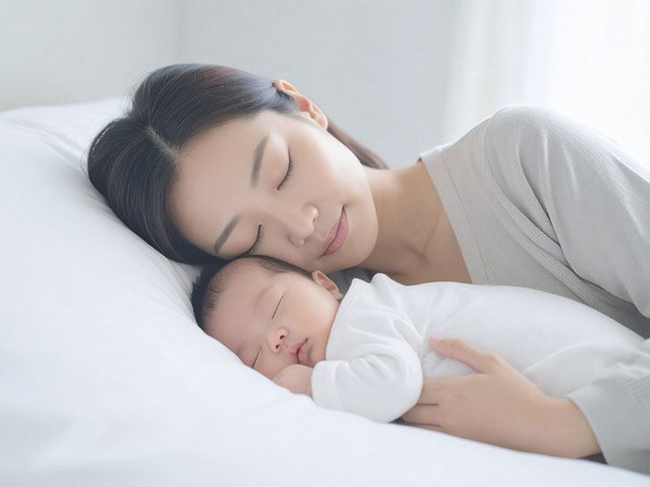 赤ちゃんと一緒に眠るお母さん