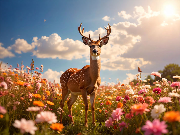 お花畑の中の美しい鹿