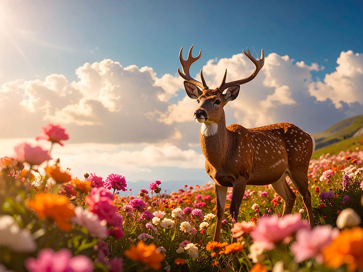 お花畑の中の美しい鹿