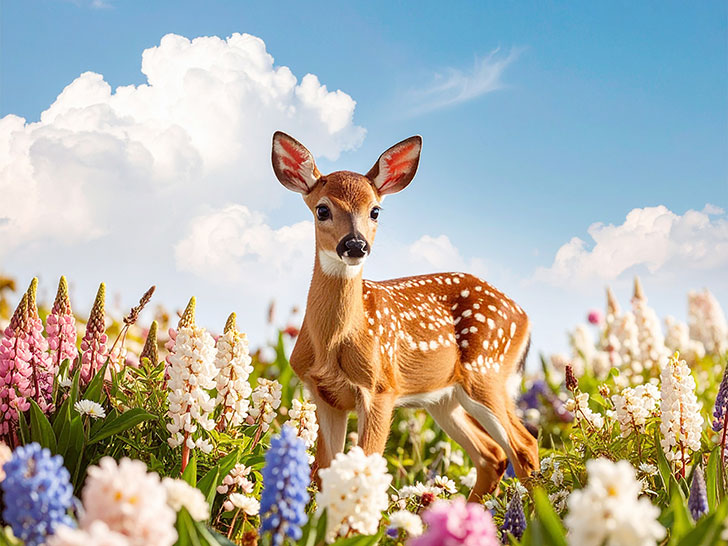 お花畑の中の美しい鹿