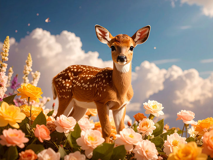 お花畑の中の美しい鹿
