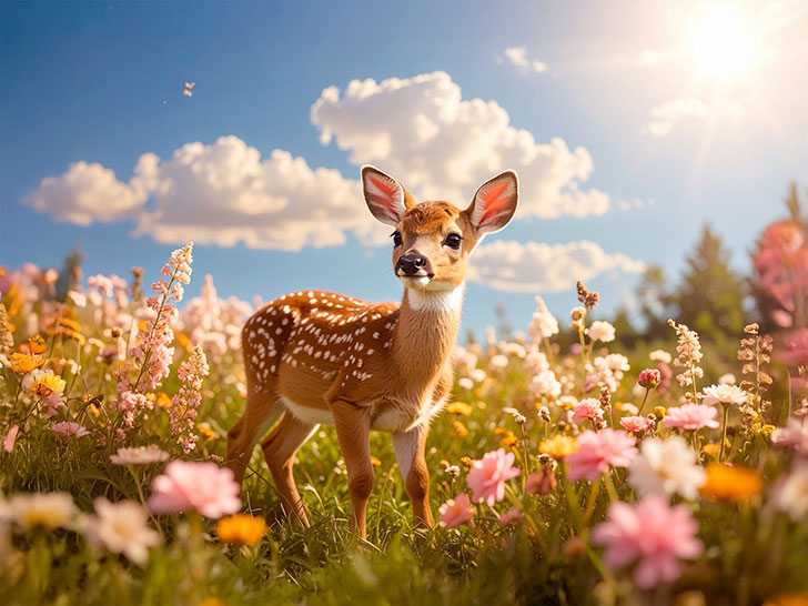 お花畑の中の美しい鹿