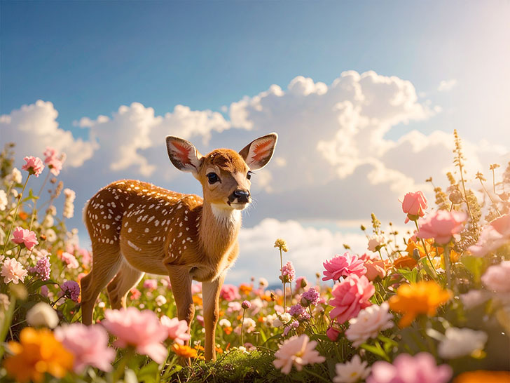 お花畑の中の美しい鹿