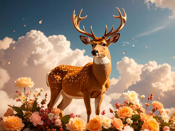お花畑の中の美しい鹿
