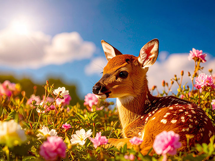 お花畑の中の美しい鹿