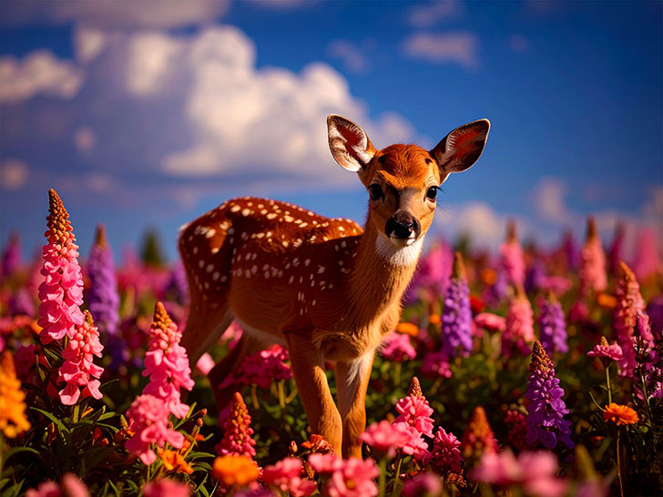 お花畑の中の美しい鹿