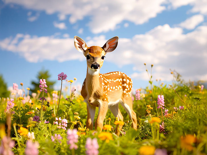 お花畑の中の美しい鹿