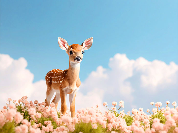 お花畑の中の美しい鹿