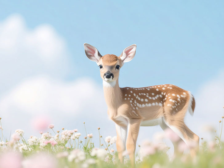 お花畑の中の美しい鹿