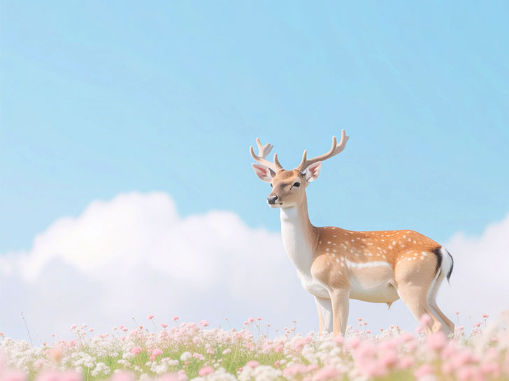 お花畑の中の美しい鹿
