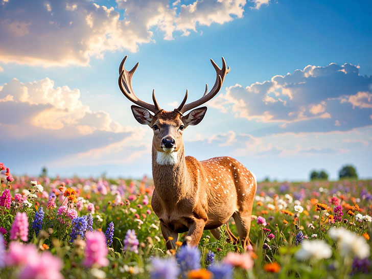 お花畑の中の美しい鹿
