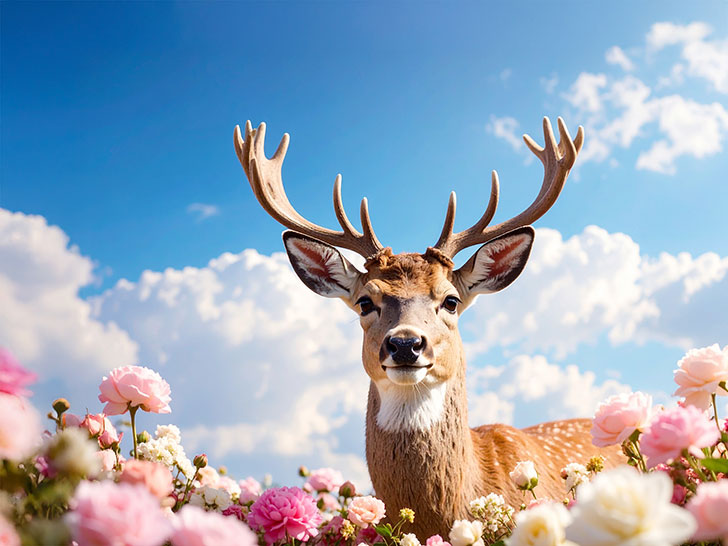お花畑の中の美しい鹿
