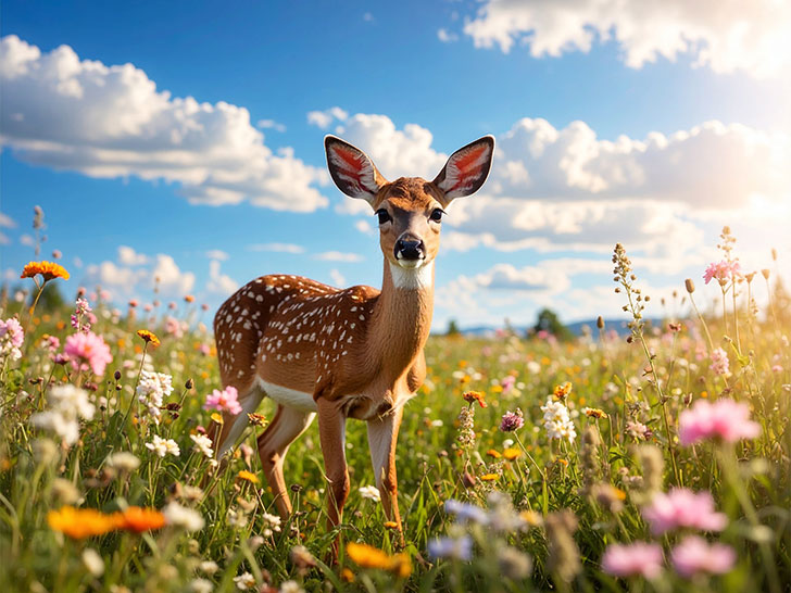 お花畑の中の美しい鹿
