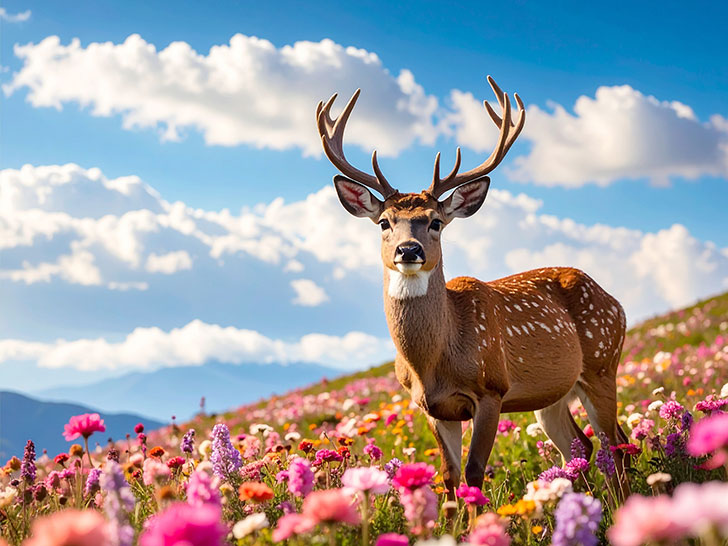 お花畑の中の美しい鹿