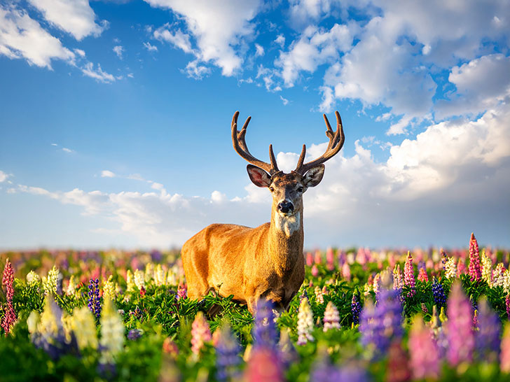 お花畑の中の美しい鹿