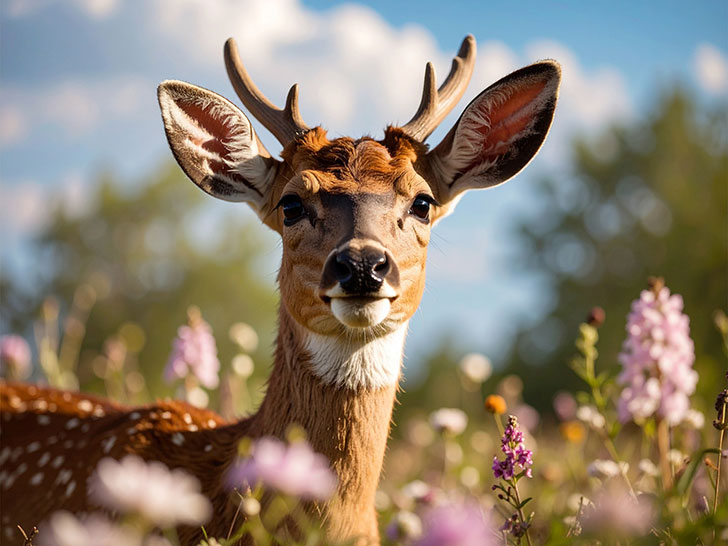 お花畑の中の美しい鹿