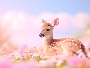 お花畑の中の美しい鹿