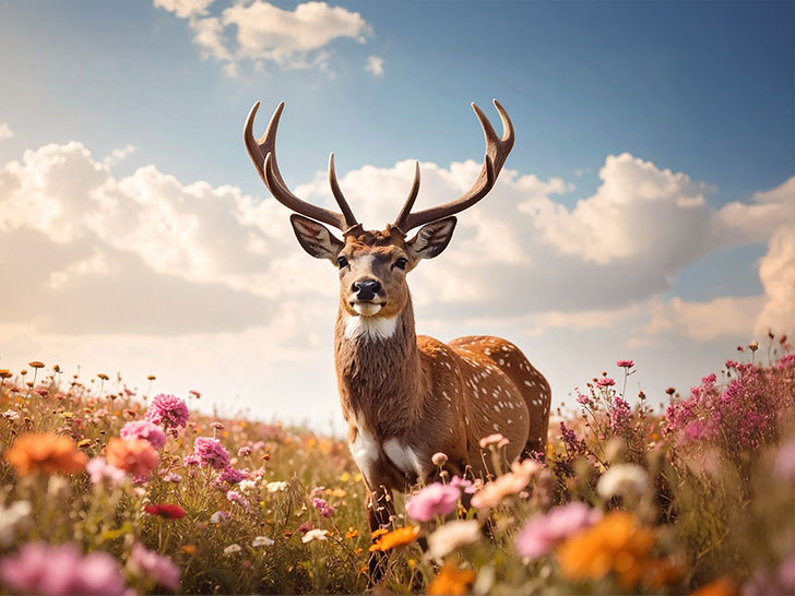 お花畑の中の美しい鹿