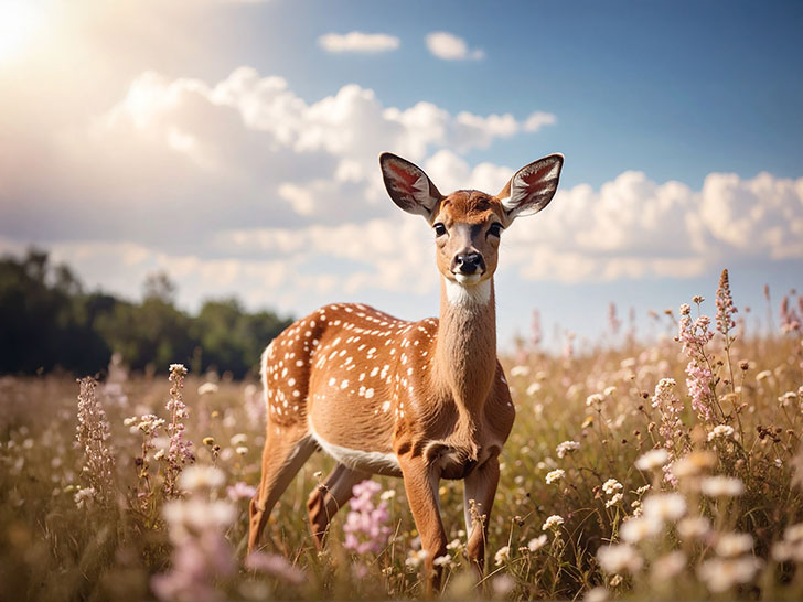 お花畑の中の美しい鹿